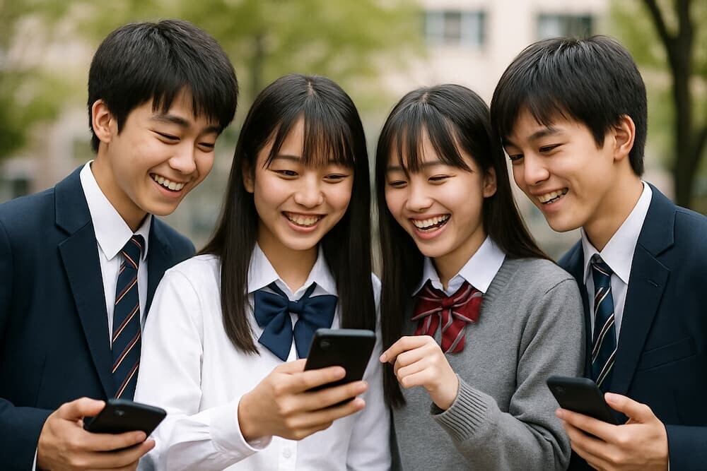 スマホを持つ中高生のグループ、友達同士で写真を共有している様子