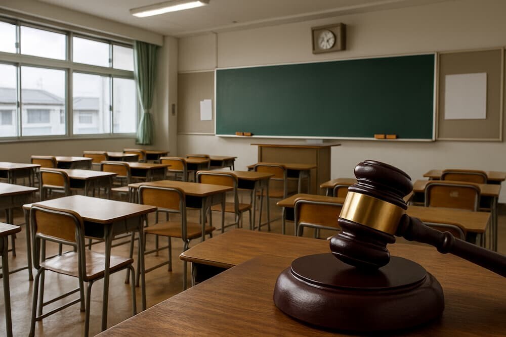 学校の教室と裁判所のガベル、教育現場の法的問題を象徴するイメージ