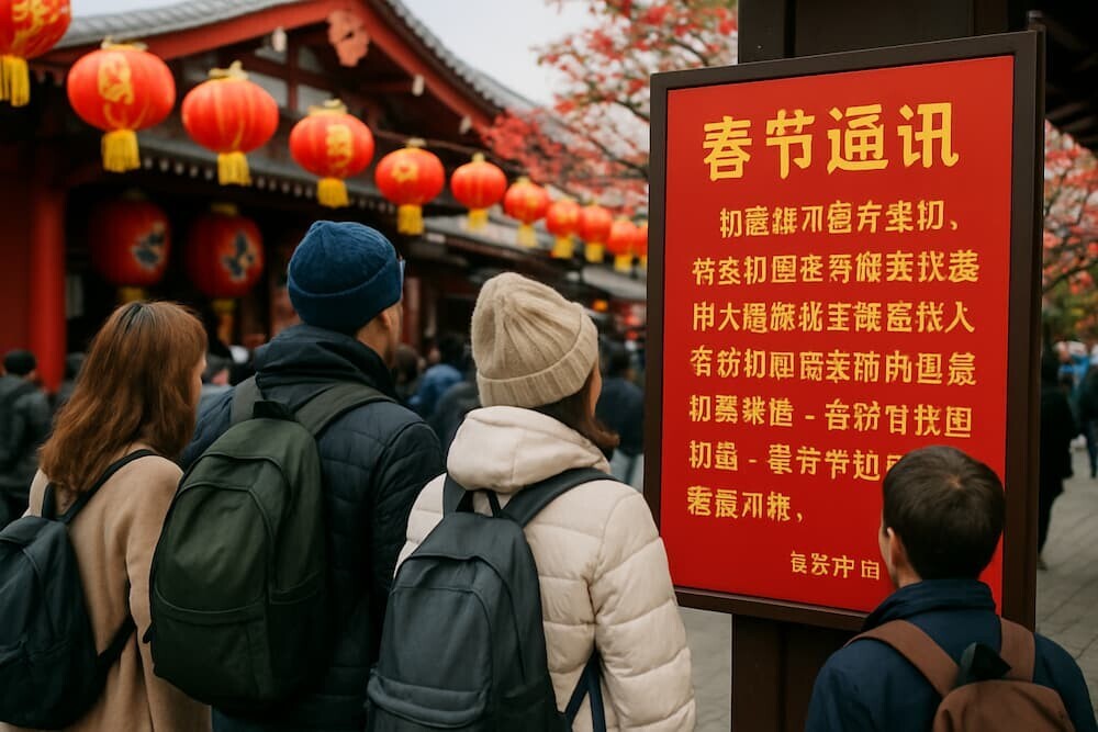 春節期間の日本観光地で中国語案内板を見る観光客たち