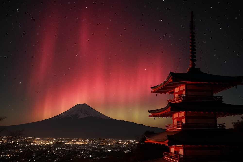 夜空に赤く輝く、薄い低緯度オーロラの幻想的な写真