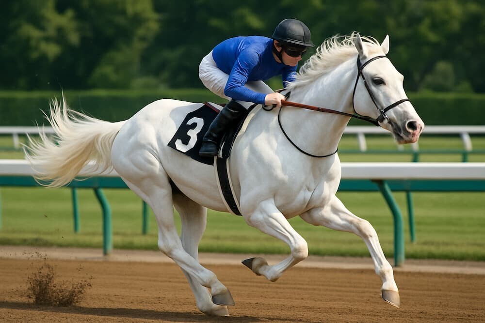 白毛の美しいハヤヤッコがレースで力強く駆けるイメージ