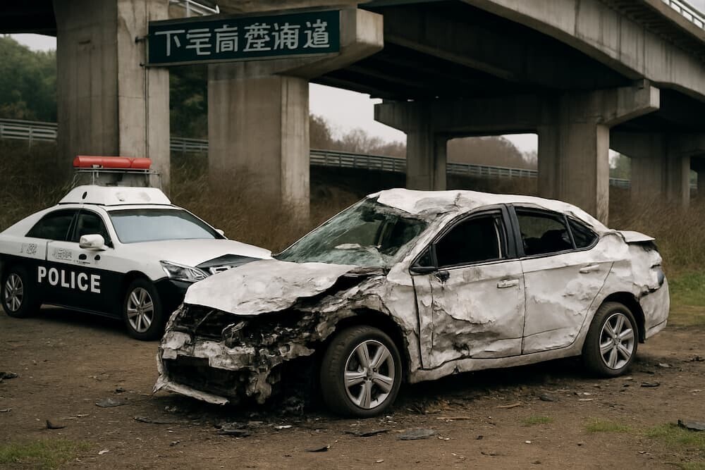 東名高速道路転落事故現場の警察車両と損傷した車両のイメージ