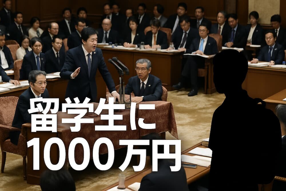 国会質疑風景と1000万円の文字、留学生のシルエット　イメージ