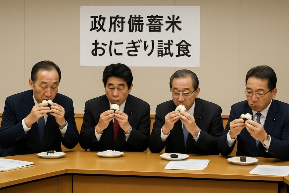 自民党幹部が政府備蓄米のおにぎりを試食しているイメージ