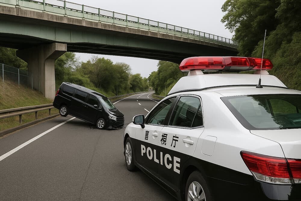 東名高速道路転落事故現場とパトカー　イメージ