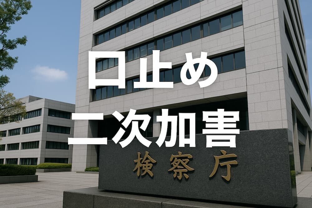 検察庁の建物と「口止め」「二次加害」のテキストオーバーレイ