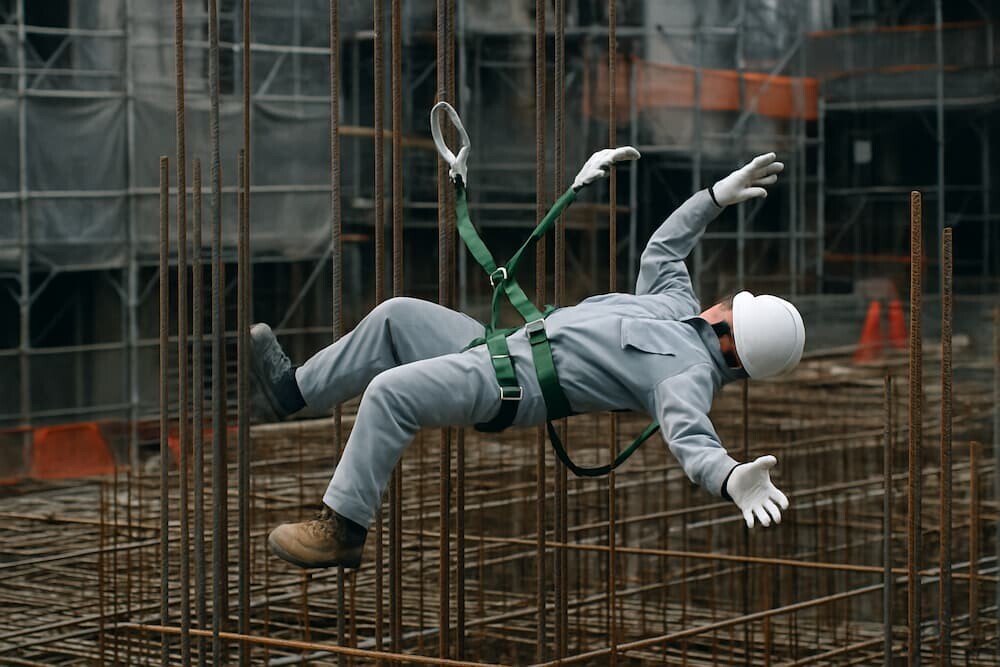 建設現場 安全帯 転落防止 鉄筋 事故現場　イメージ