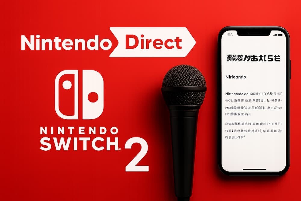 Nintendo DirectとSwitch2のロゴ、マイク、落選メール画面のイメージ