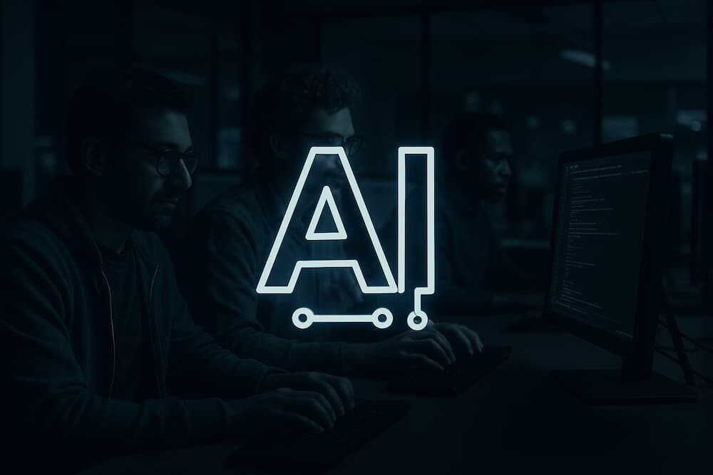 オフィスで作業するエンジニア達とAIロゴが重なる暗いトーン
