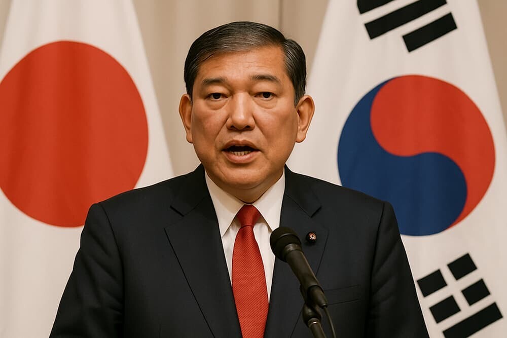 マイクの前でスピーチをする日本人石破総理大臣の背景に、日本の国旗と韓国の国旗が掲げらる姿