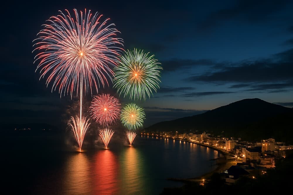 浅虫温泉花火大会の夜景とむつ湾の風景　イメージ