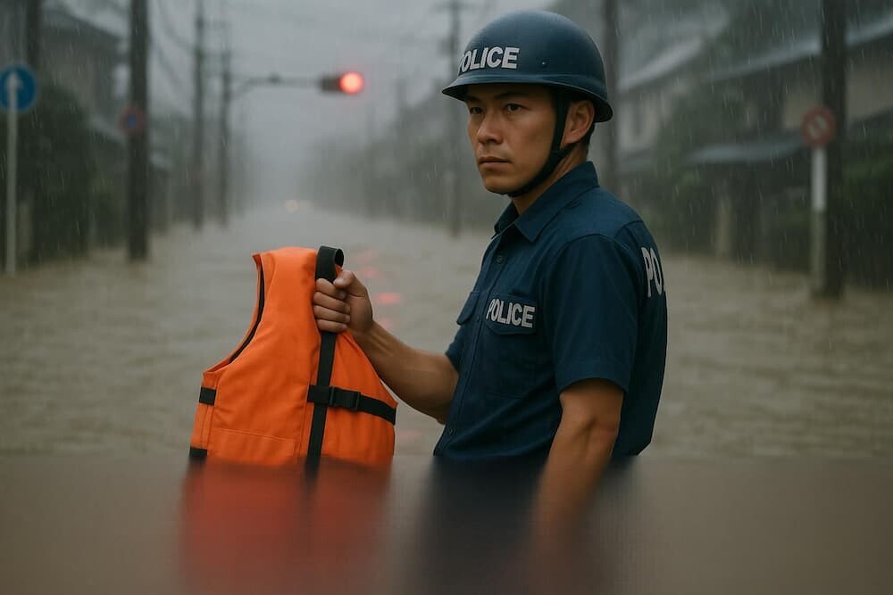  豪雨で冠水した道路を前に、ライフジャケットを手に立つ警察官の姿
