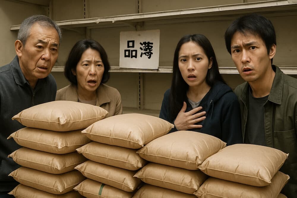  山積みにされた米袋と、その前で驚きや不信感を抱く人々のイラスト。背景には「品薄」の貼り紙が剥がされた棚が見える