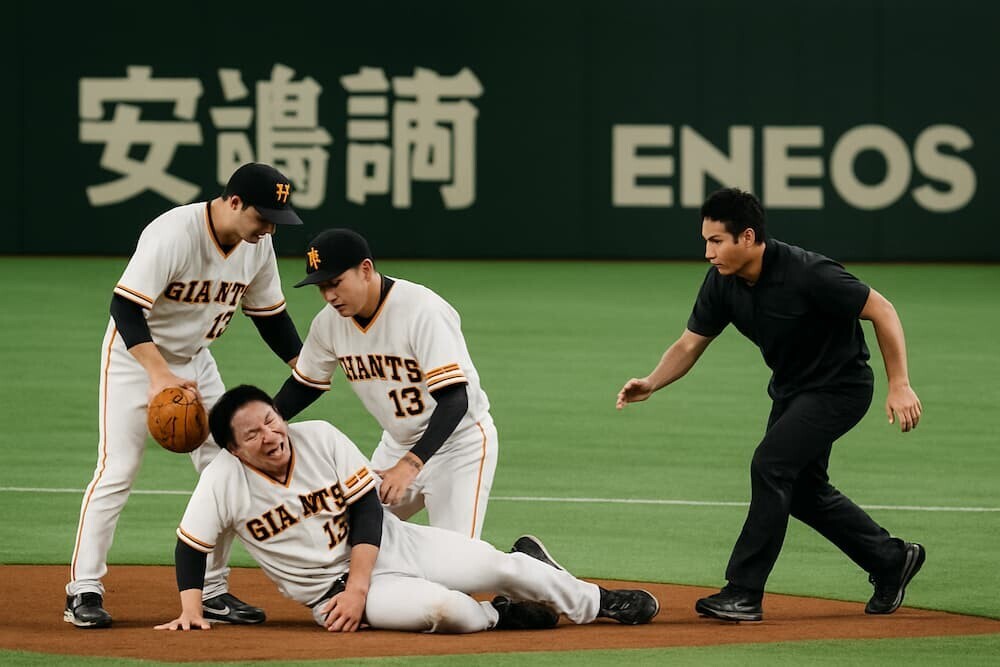 日本のプロ野球巨人戦のグラウンドで、選手と選手が苦悶の表情を浮かべ、トレーナーが駆け寄る様子を遠景で捉えたイメージ