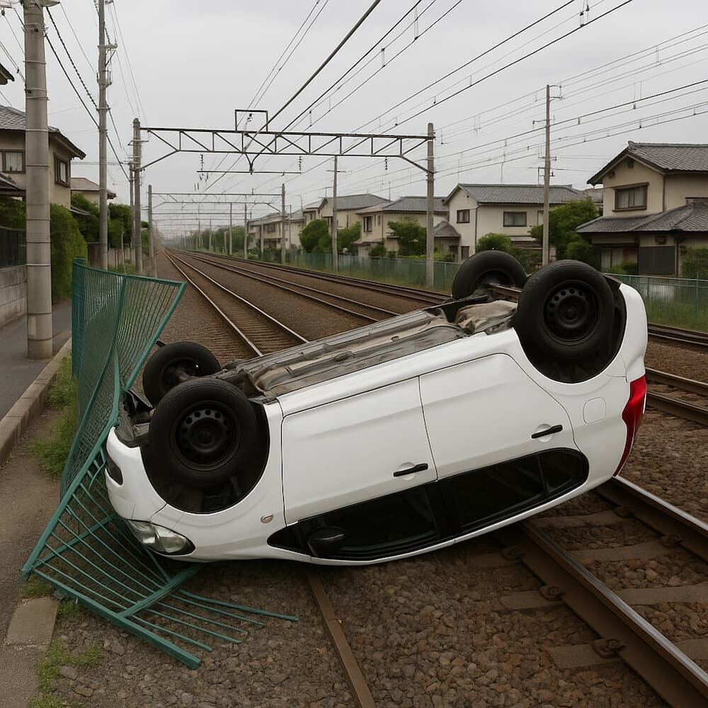 車はフェンスを突き破って線路に進入し、横転　イメージ