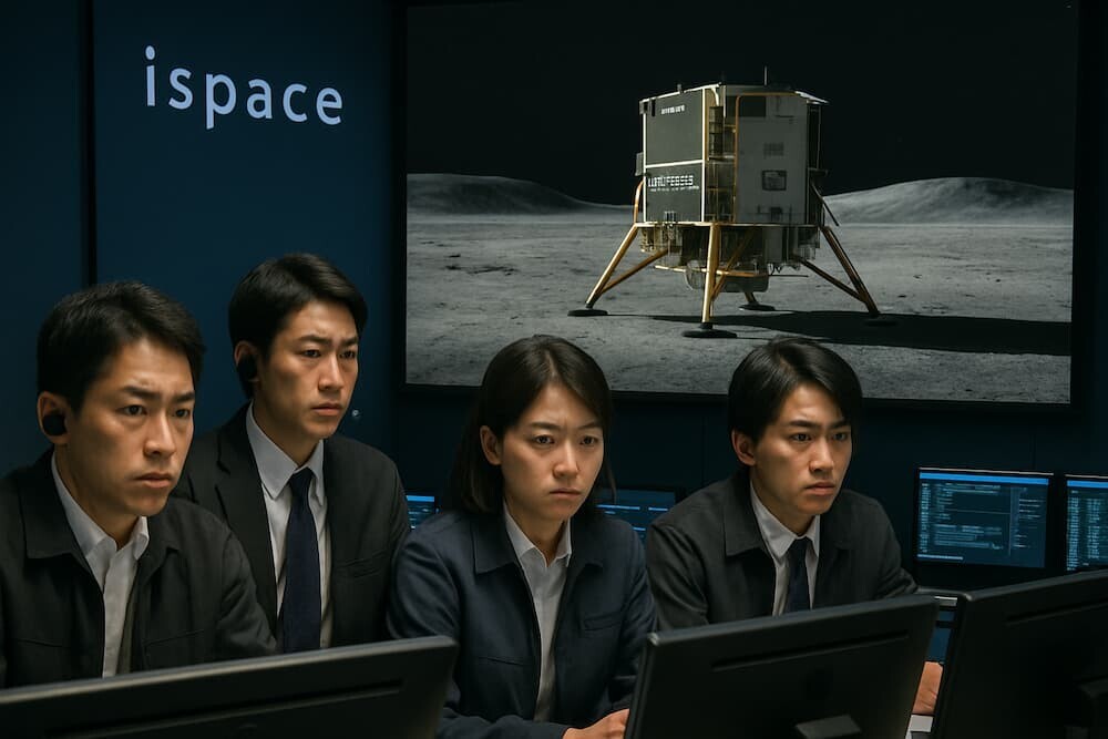 アイスペース管制室で厳しい表情の技術者たち、月面着陸船レジリエンスのCGイメージ