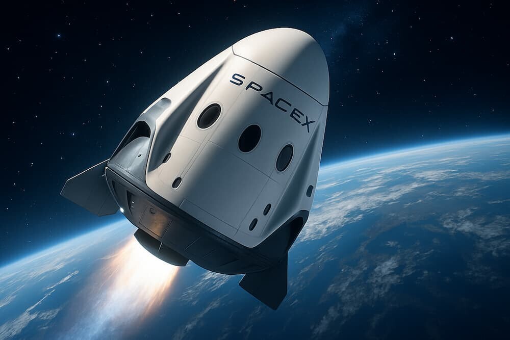 スペースXの宇宙船（スターシップやドラゴン）と地球が描かれた未来的なイメージ