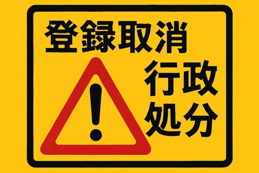 「登録取消」や「行政処分」といった文字が書かれた、警告をイメージさせるイラスト