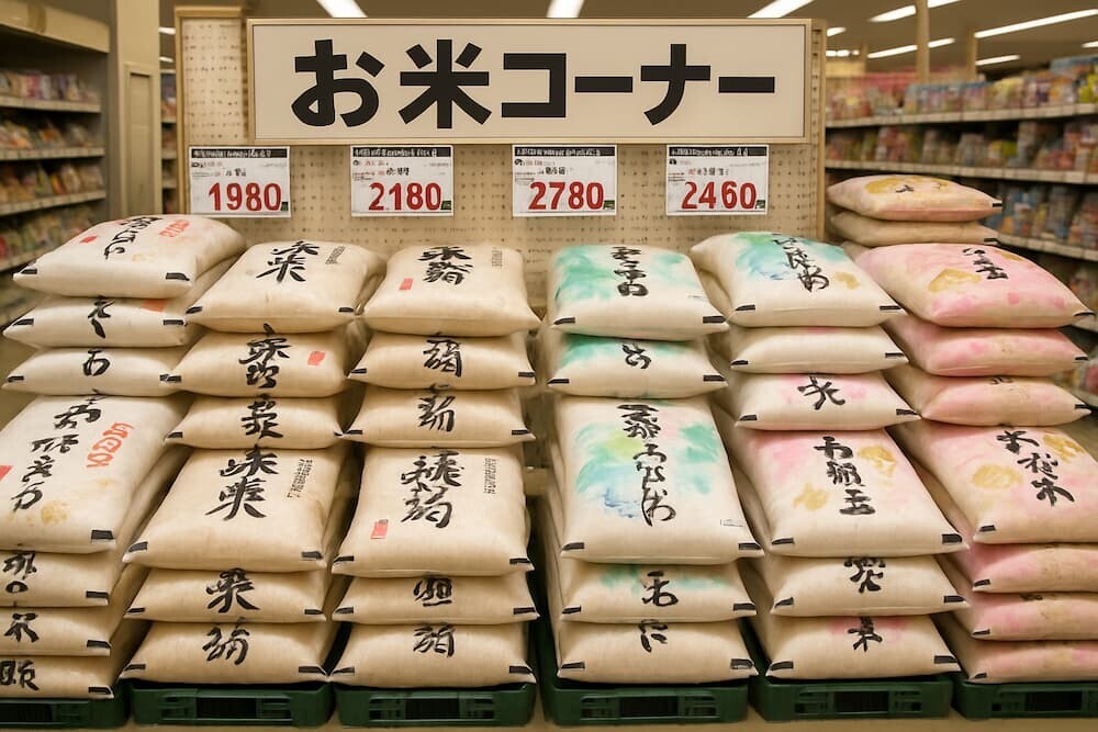 スーパーの米売り場に銘柄米が山積みになっている様子