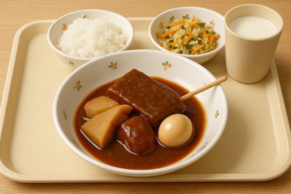 給食のお盆の上に置かれた「みそおでん」のイラスト。ウズラの卵が一つ入っている
