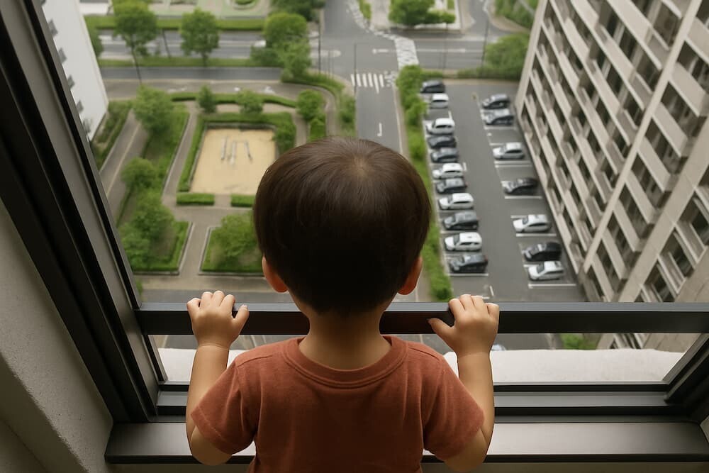 日本の14階のマンションの窓から地面を見下ろした子供の視点のイメージ