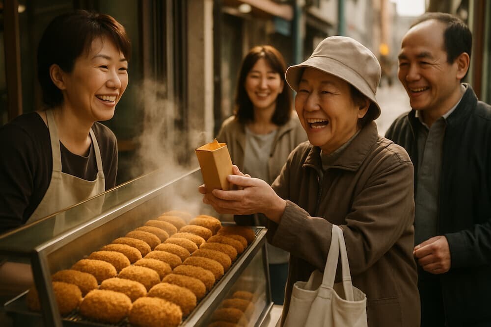 湯気が立つ揚げたてのコロッケが店頭のショーケースにずらりと並んでいて、地元の人々が笑顔で買い物をしている温かい雰囲気