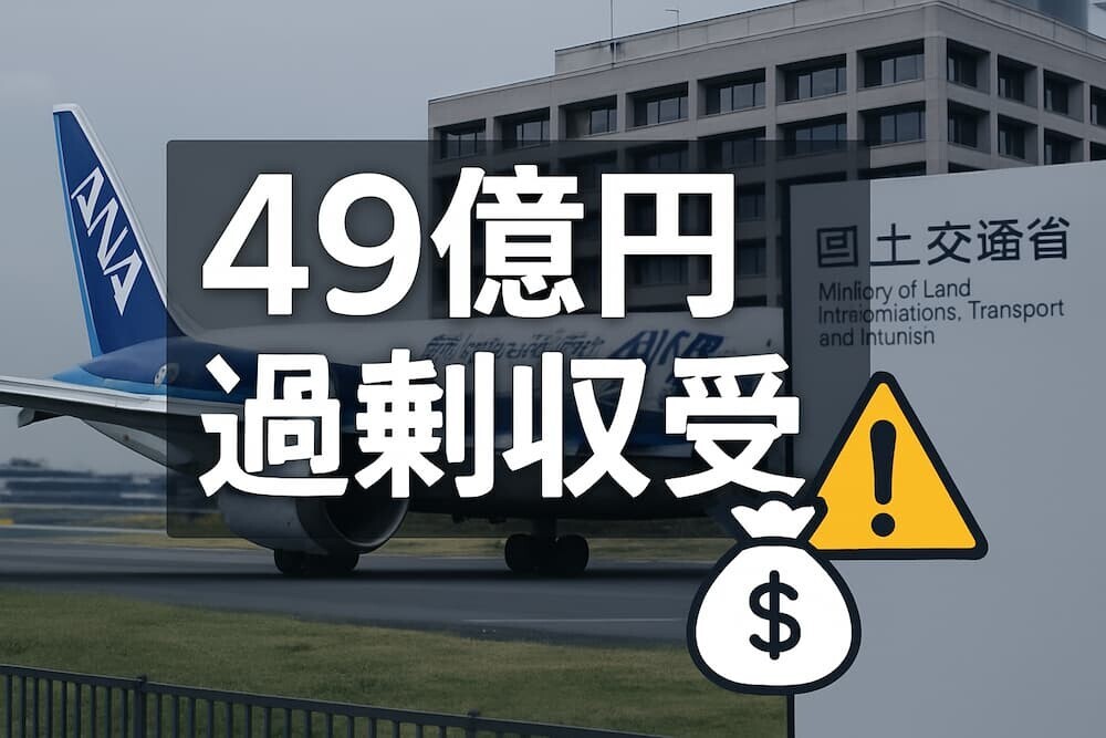 ANA航空機と国土交通省の建物を背景に、「49億円過剰収受」の文字が大きく表示され、お金のマークと警告サインが組み合わされた概念図