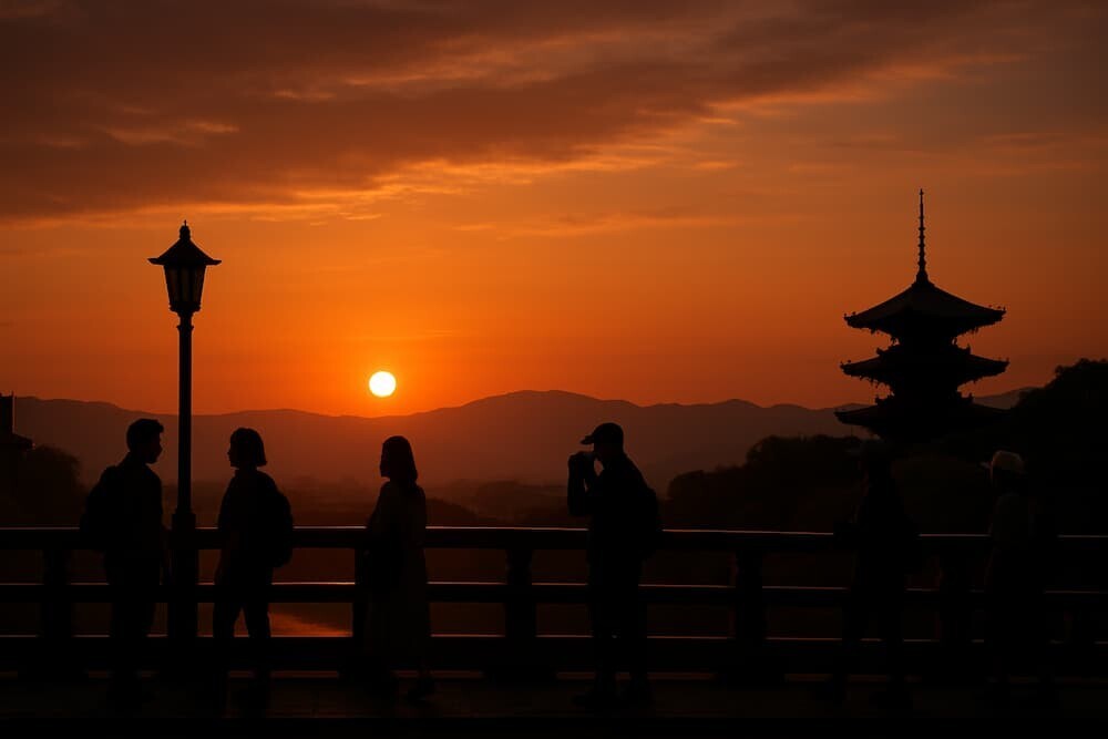 夕暮れの京都五条大橋に観光客のシルエットが映る風景、遠くに東山の山並み]