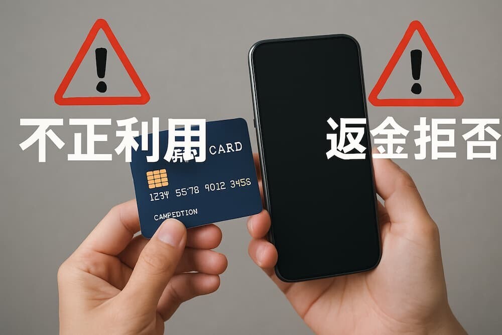 クレジットカードとスマートフォンを持つ手、その周りに警告マークと「不正利用」「返金拒否」の文字が表示されるイメージ