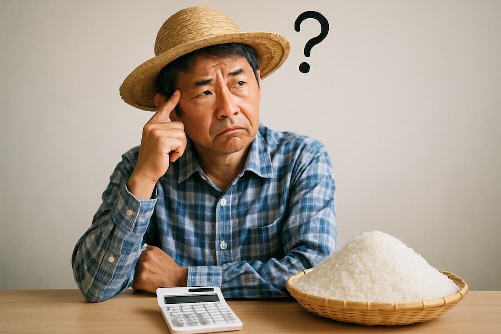 電卓とお米を前に、頭に「？」を浮かべている日本人農家 