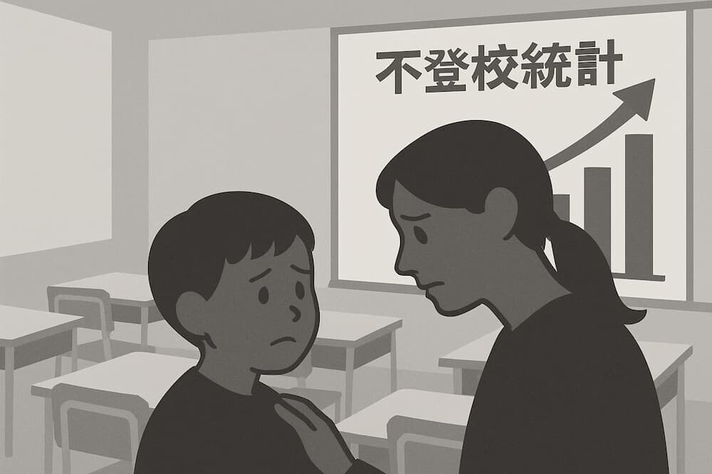 不登校統計の上昇グラフと心配そうな表情で子どもを見つめる親のシルエット、教室の空席が見える構図
