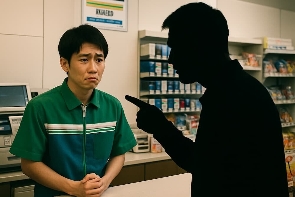 コンビニのレジカウンターで、困った表情の制服を着た若い店員と、威圧的なポーズをとる客のシルエットが対峙している場面。背景にはレジや商品棚が見える接客業の現場