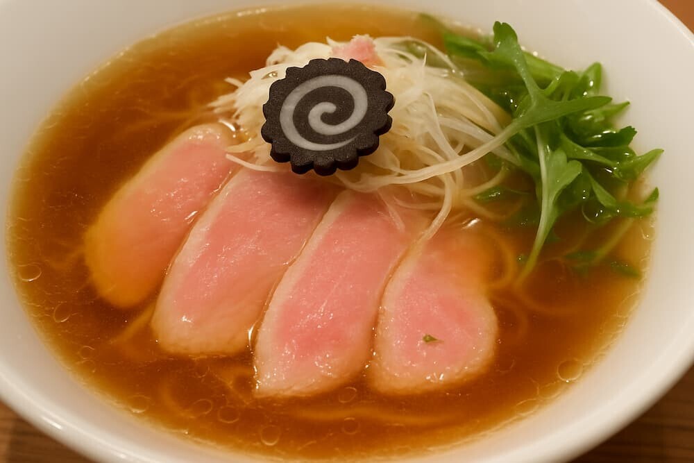 中心部が明らかにピンク色で生の鶏チャーシューが乗った醤油ラーメンのアップ写真　イメージ