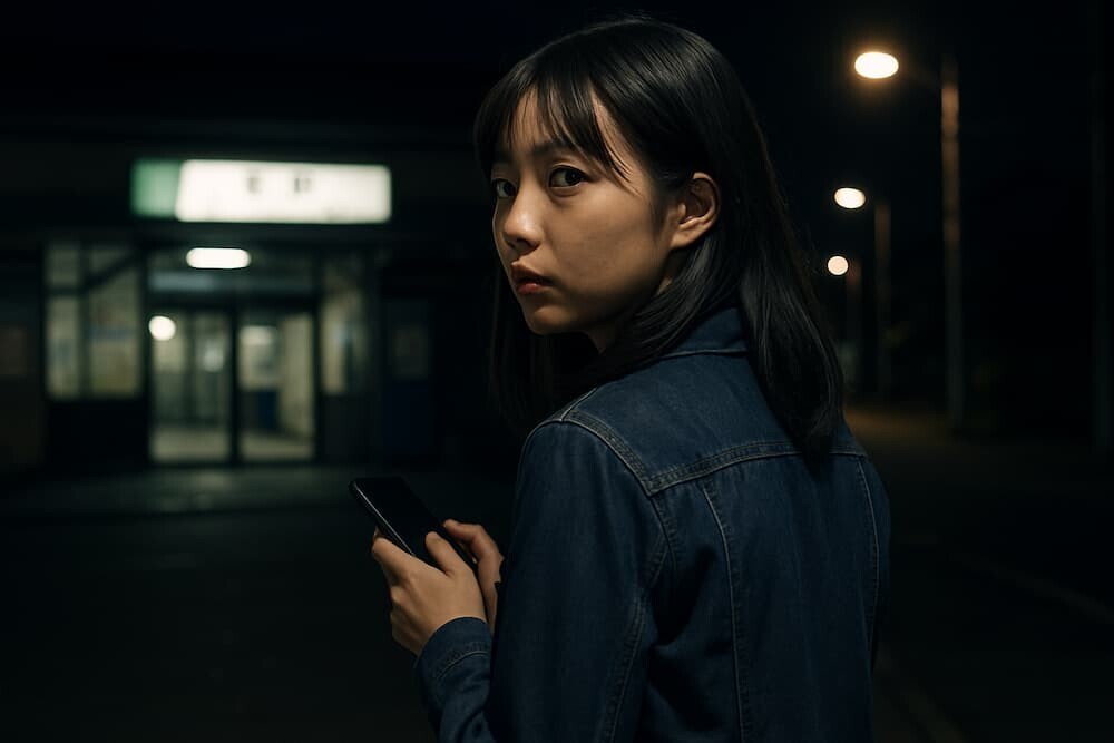 夜の暗い駅前で、不安そうにスマートフォンを握りしめながら周囲を警戒する若い日本人女性の後ろ姿