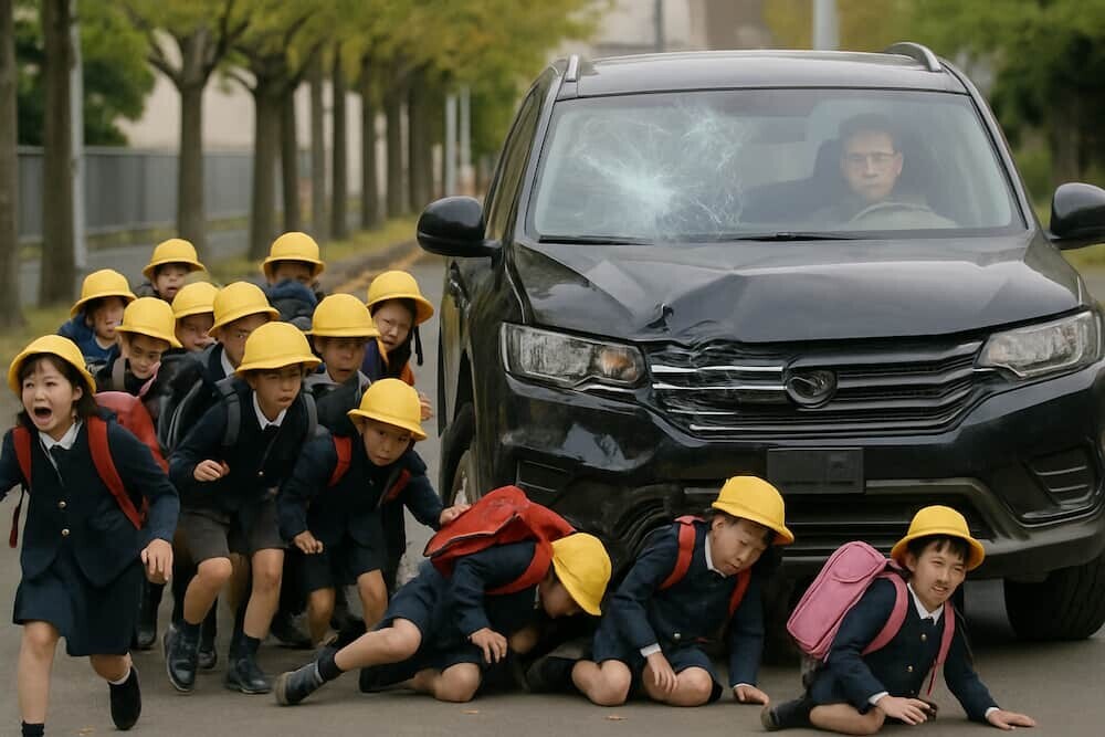 下校中の小学生約10人の列に、中国籍の鄧洪鵬被告（42）が運転するSUV車が突っ込み