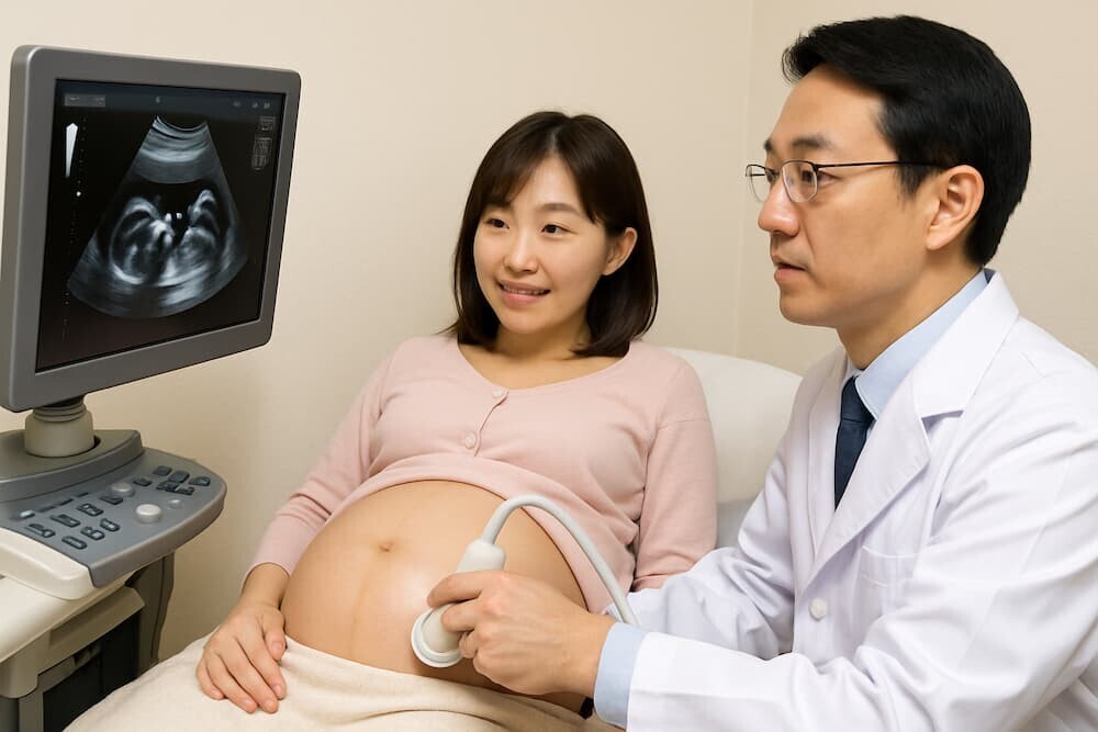 超音波検査を受ける妊婦と医師、検査画面を見つめる様子