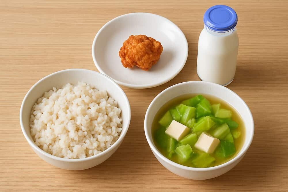 麦ごはん、鶏の唐揚げ1個、春キャベツのみそ汁、牛乳という献立