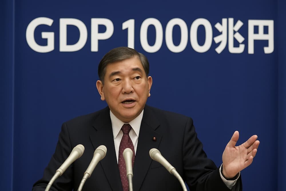 石破総理が記者会見で説明している様子、背景にGDP1000兆円の文字が見える