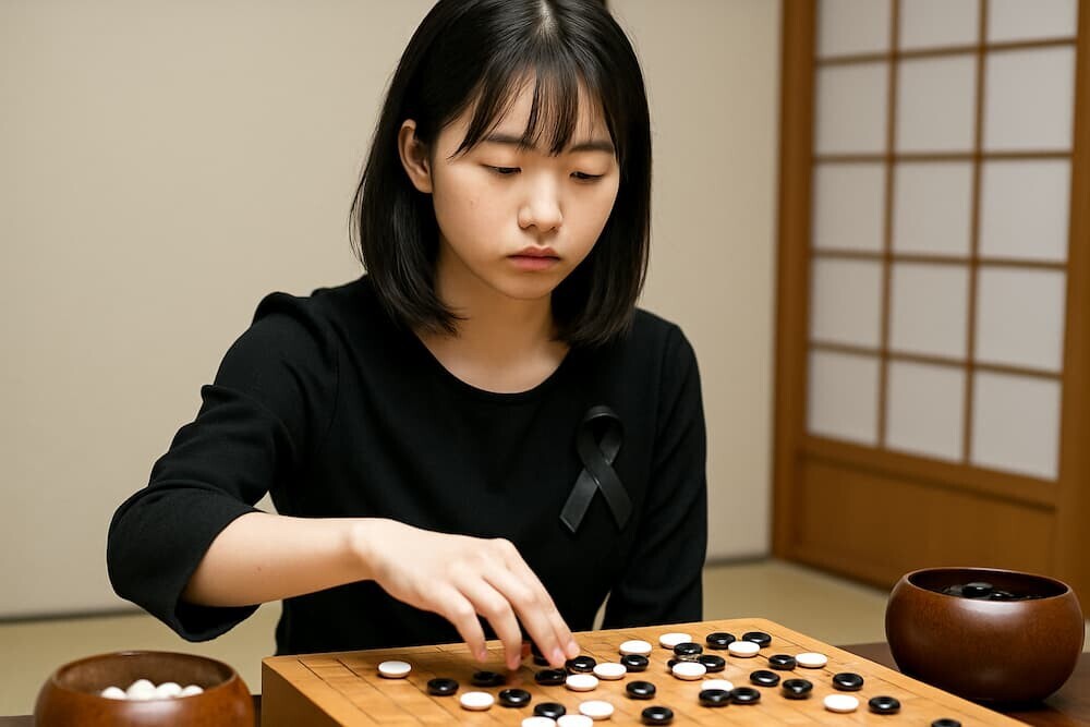 日本の若い女性棋士 囲碁の対局風景と哀悼の黒いリボン