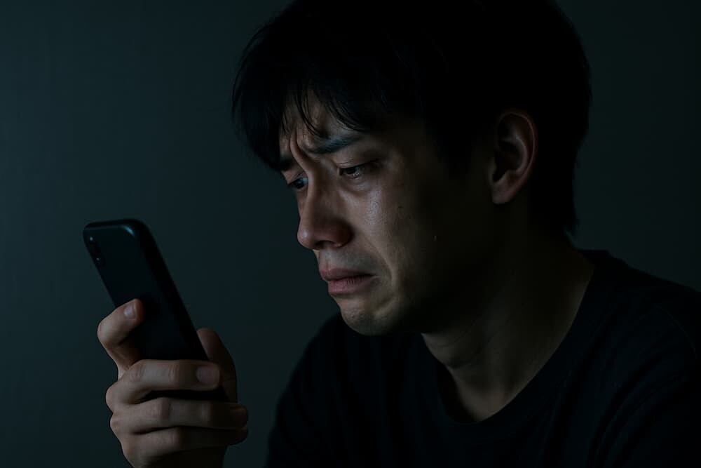 暗い部屋でスマートフォンを見つめ、絶望した表情の若者の横顔