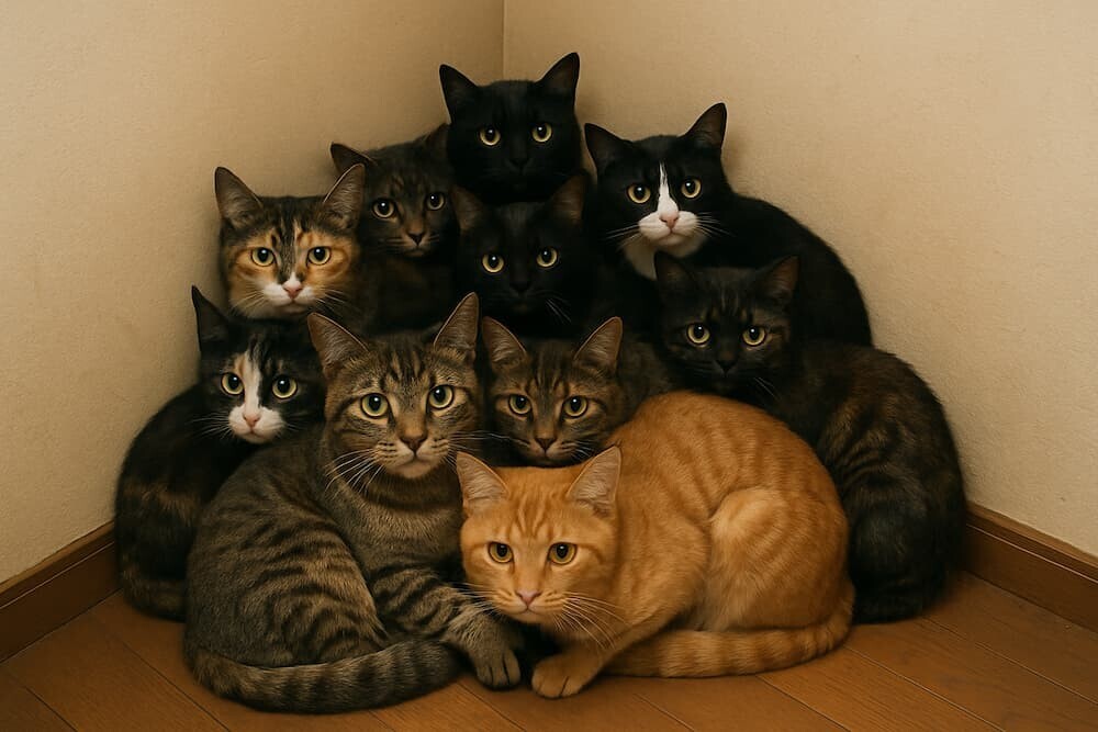 部屋の隅で、たくさんの猫が不安げに重なり合っている様子