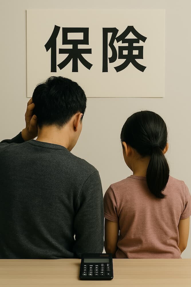 電卓と「保険」という文字を前に悩む親子の後ろ姿