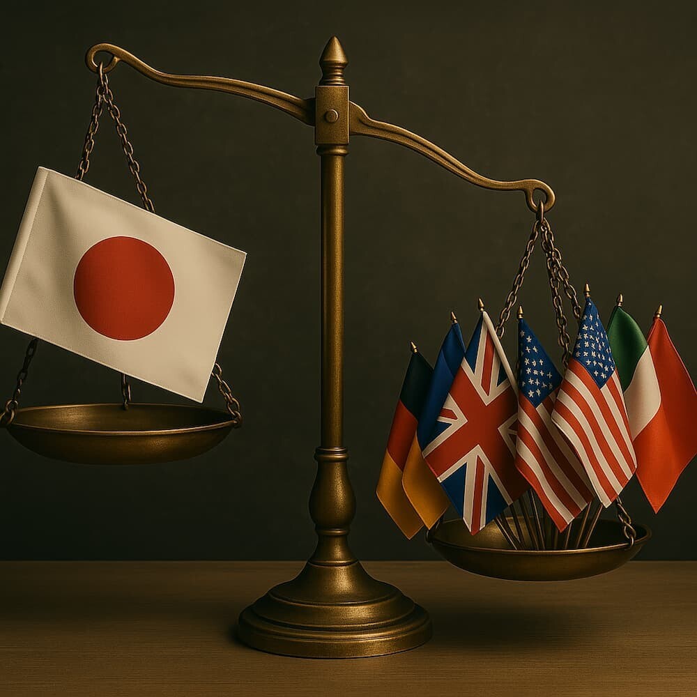 日本の国旗と海外の複数の国旗が乗った天秤が、日本側に大きく傾いている