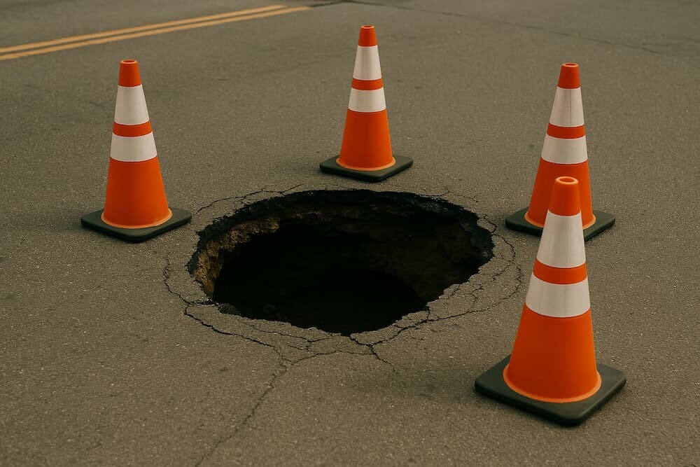 道路にぽっかりと開いた陥没穴を、警告のパイロンが囲んでいる様子