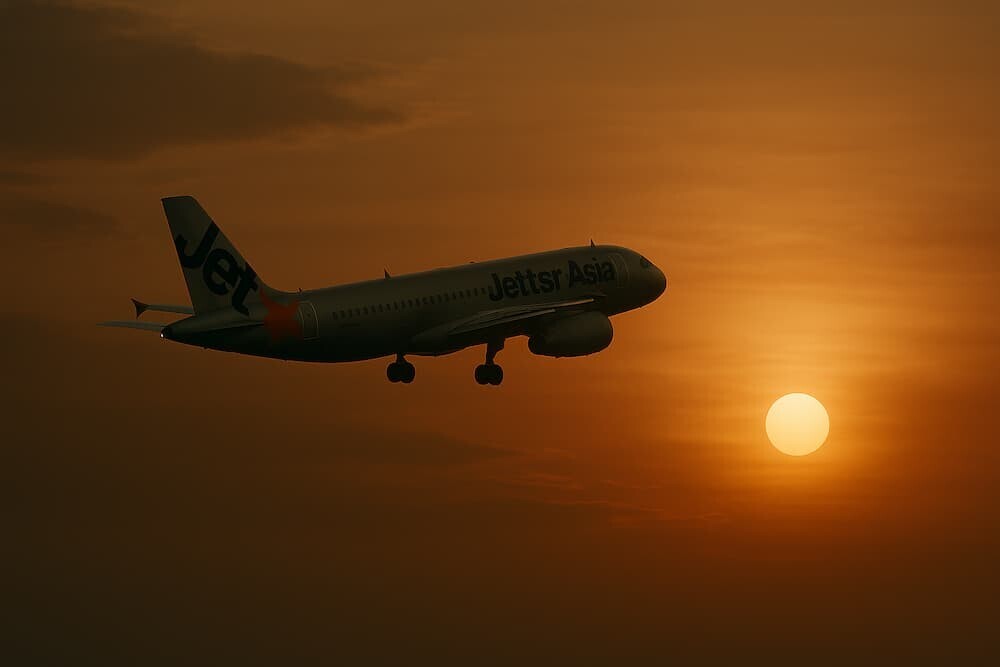 ジェットスターアジア航空の飛行機が夕日の中に消えていくような、少し寂しげなイメージ
