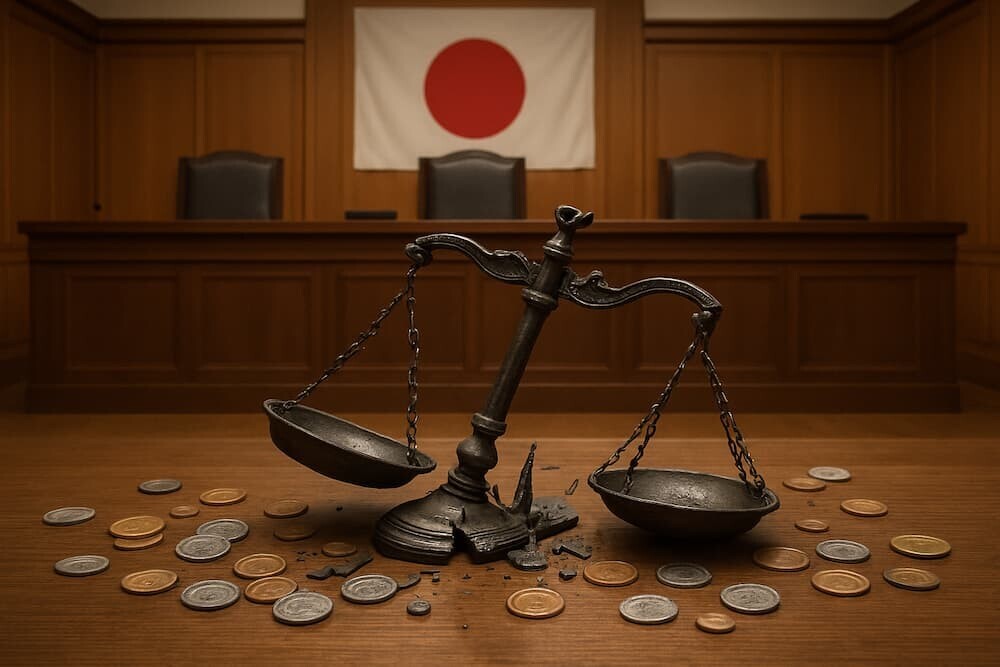 法廷のイラスト背景に、砕かれた天秤と散らばる日本の硬貨