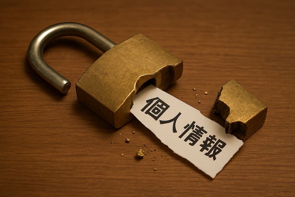 割れた南京錠と、そこから流れ出る「個人情報」と書かれた紙のイラスト