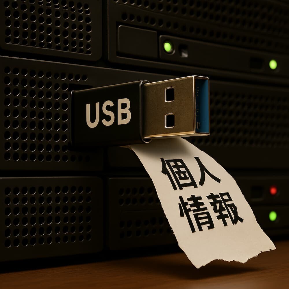 USBメモリがサーバーに突き刺さり、「個人情報」と書かれたデータが流れ出しているイラスト
