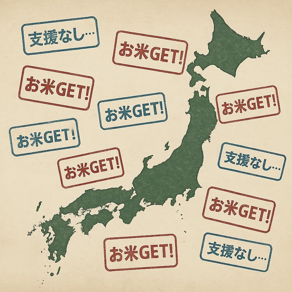 日本地図の上に「お米GET!」と「支援なし…」のスタンプがランダムに押されている