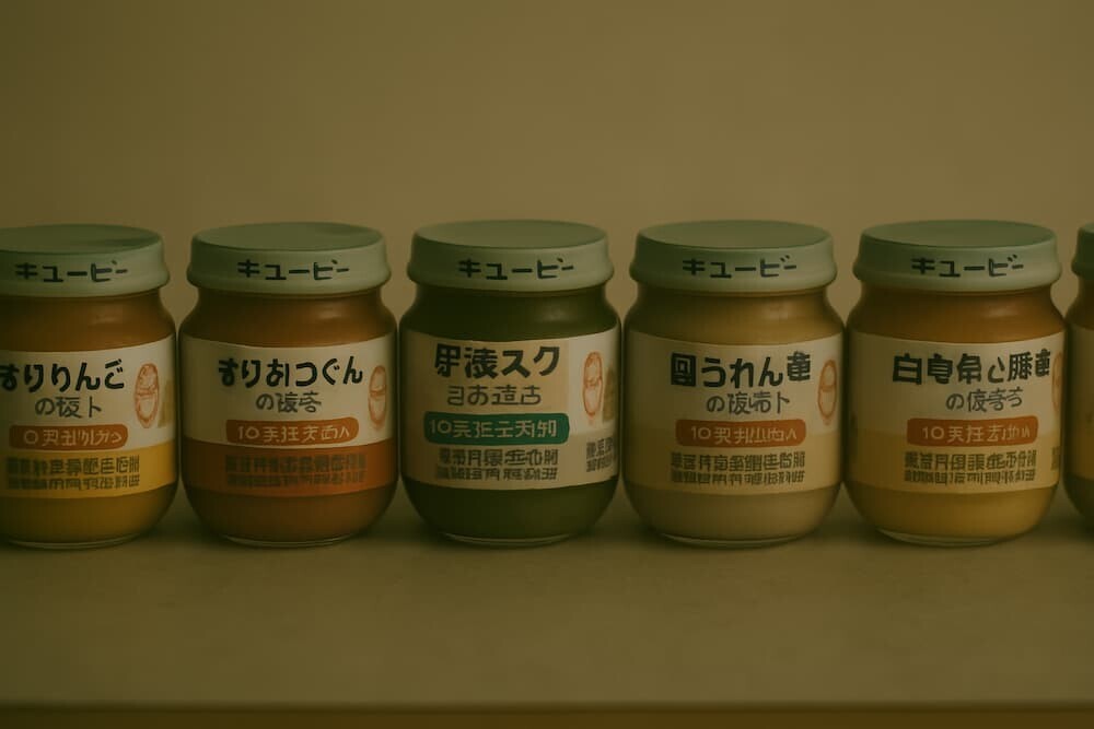 様々な種類のキユーピーの瓶詰ベビーフードが並んでいる様子、少し寂しげでノスタルジックな雰囲気　イメージ